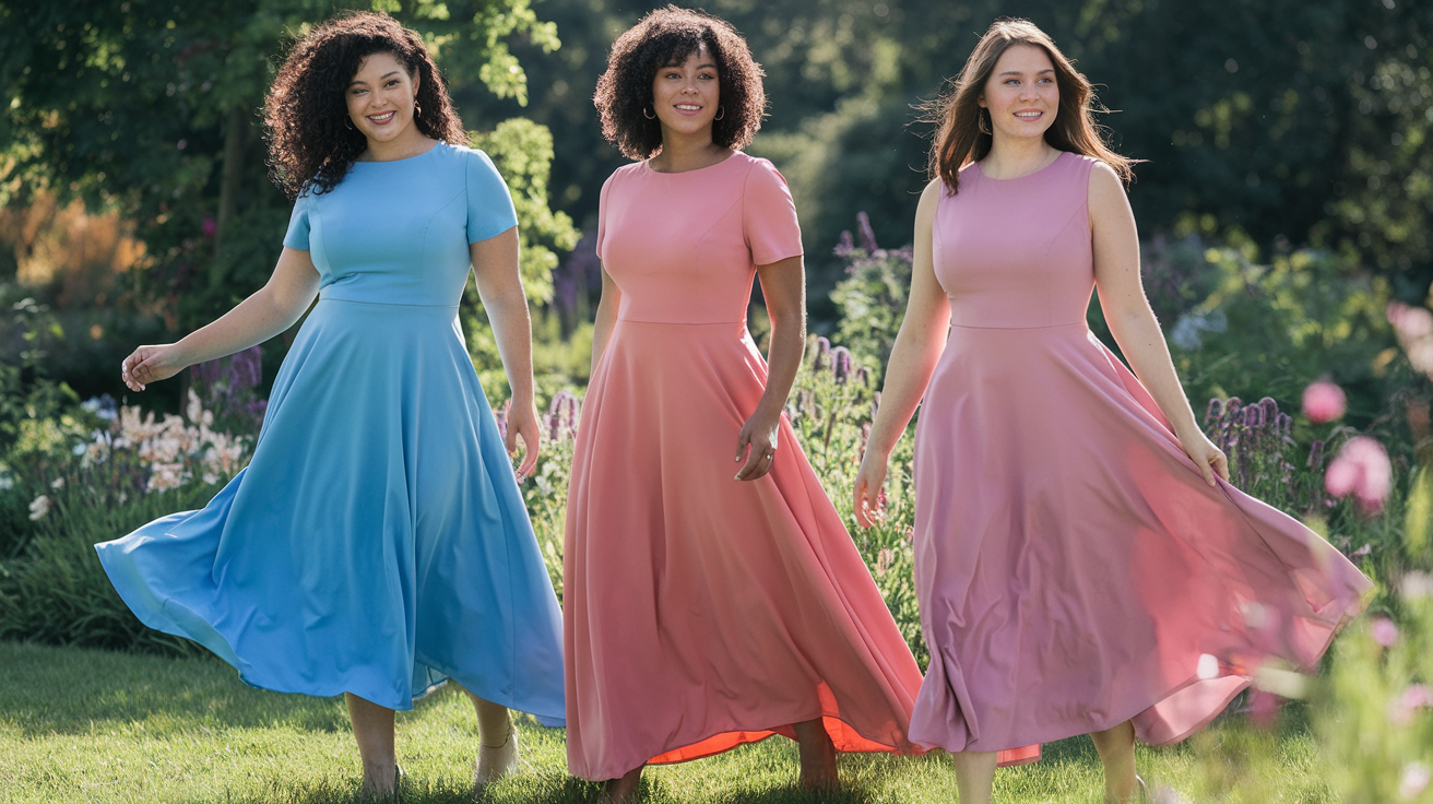 Create a realistic image of a fit-and-flare summer dress displayed on a diverse group of three women (Black, Asian, and White) with different body types, standing in a sunlit garden, the dresses cinching at the waist and flowing outward to create an hourglass silhouette, showcasing how this style accentuates curves, with soft natural lighting highlighting the fabric's movement and flattering cut.
