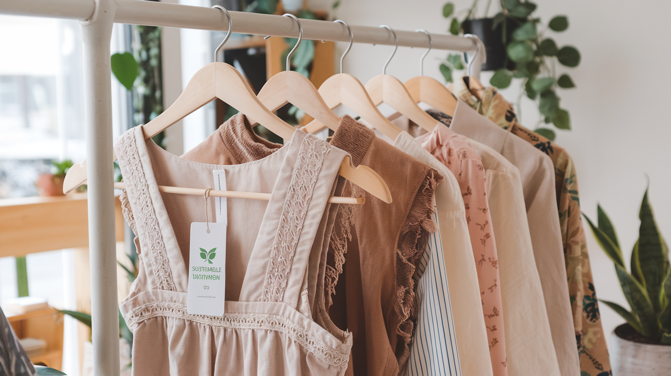 Create a realistic image of a sustainable clothing rack featuring eco-friendly summer dresses made from natural fabrics like organic cotton, linen, and hemp in earth tones and soft pastels, with visible quality craftsmanship, ethical brand tags, and a "sustainable fashion" price tag in the foreground, all set against a bright, naturally lit boutique background with plants and wooden elements, conveying both elegance and environmental consciousness.