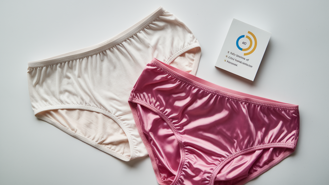 Create a realistic image of two pairs of women's underwear side by side on a clean white background – one made of white cotton with visible natural texture, and one made of shiny synthetic material in a bright pink color, with a small informational graphic showing breathability comparison between the two fabrics.