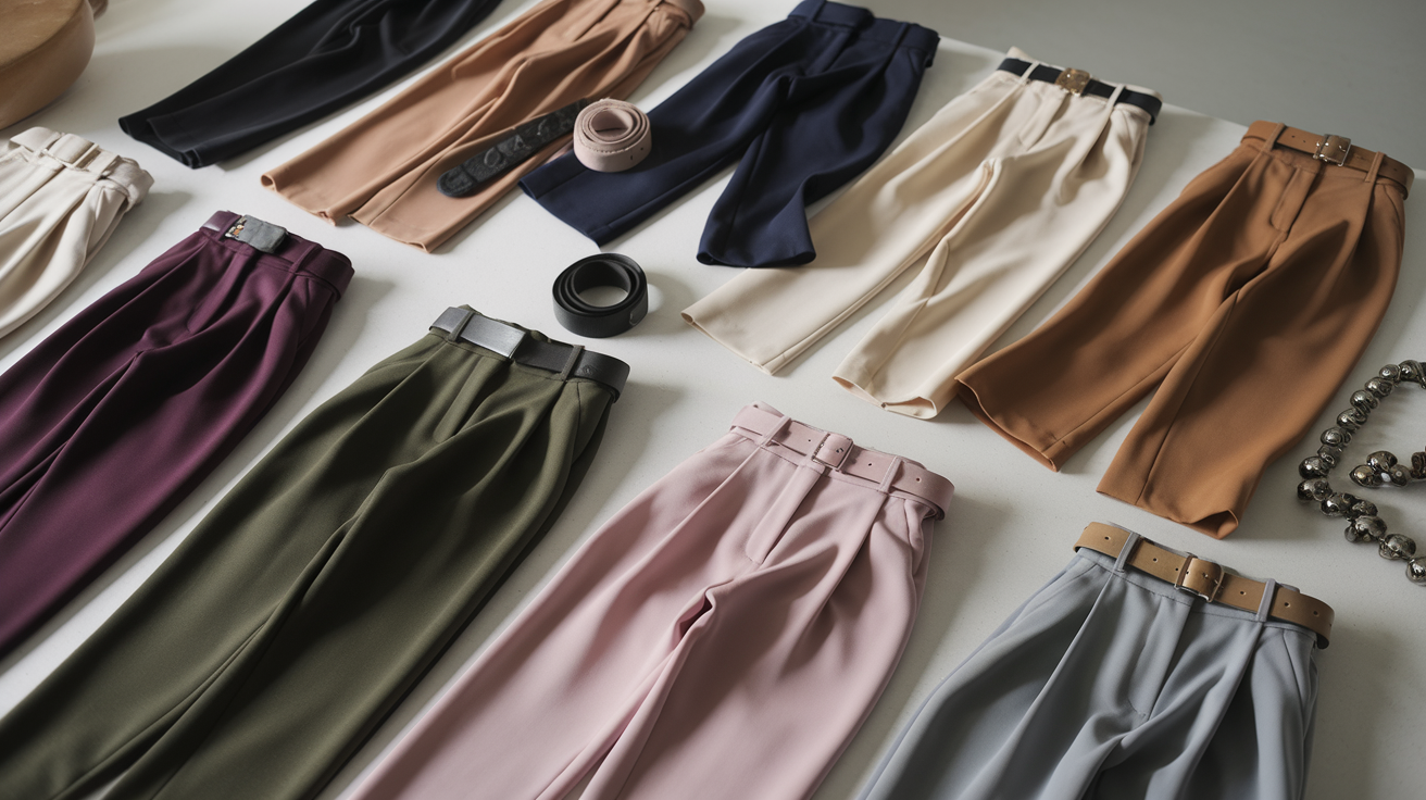 Create a realistic image of a collection of stylish high waist trousers in different colors and patterns arranged on a minimalist white display, with a few pairs elegantly draped on mannequin legs, showing the flattering silhouette they create, accompanied by fashion accessories like belts and statement jewelry, with soft studio lighting highlighting the quality fabrics and tailoring details.