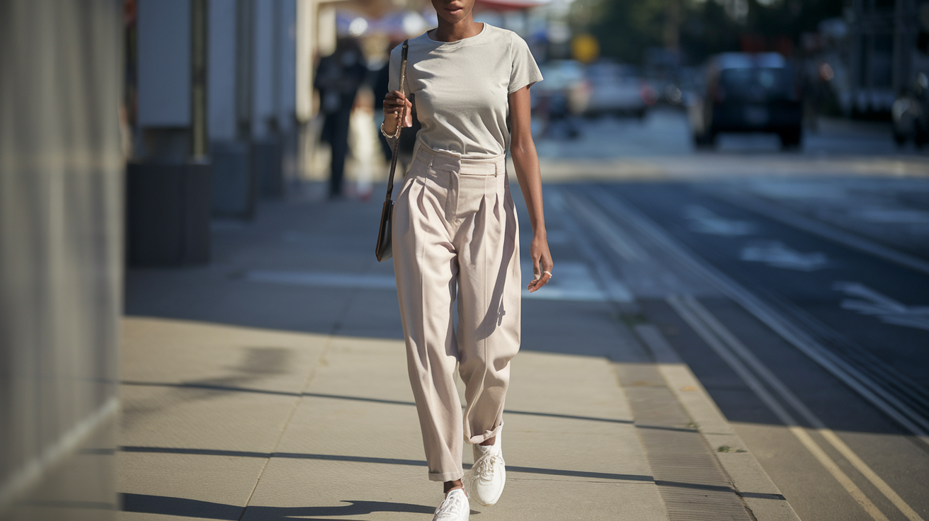 Create a realistic image of a young Black female model walking confidently on a city sidewalk, wearing stylish high-waisted trousers in a neutral tone paired with a tucked-in casual t-shirt and white sneakers, accessorized with a crossbody bag and minimal jewelry, during daytime with soft natural lighting, showcasing an effortlessly chic everyday casual look.
