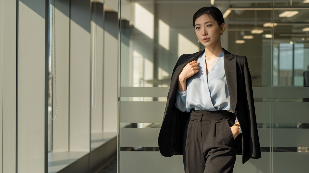 Create a realistic image of a professional Asian female office worker in her early 30s wearing stylish high-waisted black trousers paired with a tucked-in light blue blouse and a fitted blazer, standing confidently in a modern office environment with glass partitions, natural lighting streaming through large windows, her accessories minimal but elegant with small gold earrings and a simple watch.
