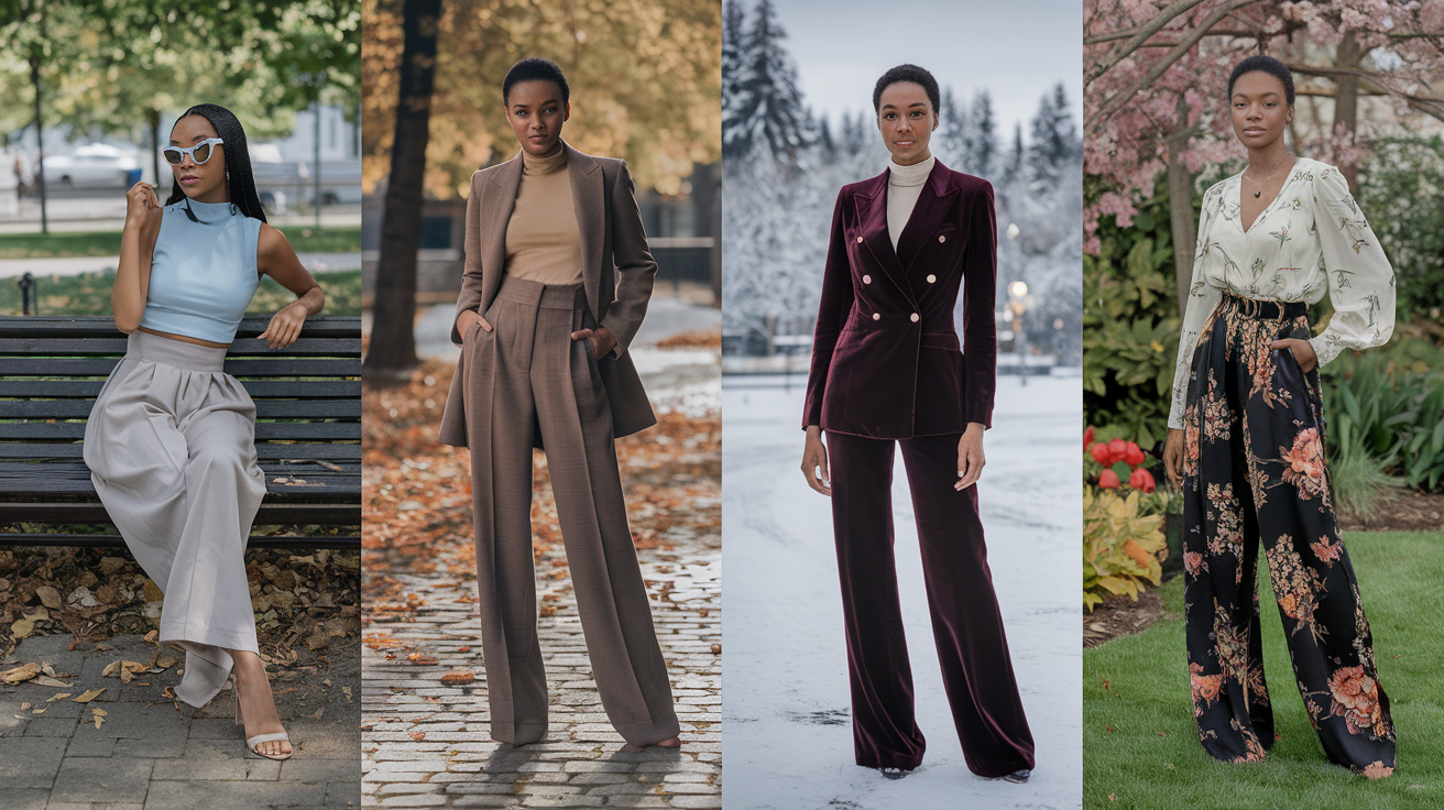 Create a realistic image of a stylish black female model wearing high-waisted trousers styled differently for each season - a light linen pair for summer with a crop top, wool trousers with a turtleneck for fall, elegant velvet trousers for winter with a blazer, and floral printed high-waist pants for spring with a light blouse, arranged in a visually appealing quadrant layout with appropriate seasonal accessories and backgrounds.