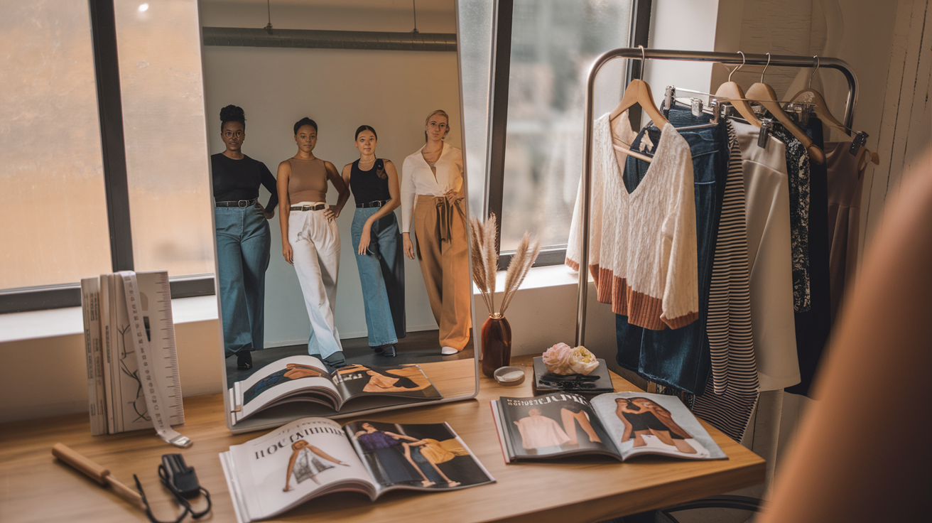 Create a realistic image of a fashion stylist's workspace with a full-length mirror showing different body types of women (Black, Asian, and White) wearing high-waist trousers styled differently, fashion magazines open to styling tips pages, measurement tape, and a clothing rack with various tops that pair well with high-waist trousers, all in warm professional lighting.