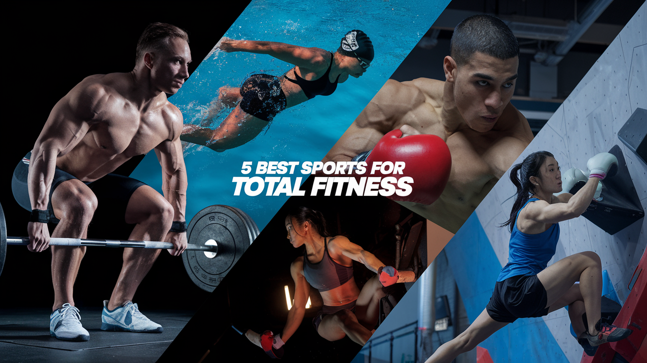 Create a realistic image of a dynamic split-screen showing four athletes in action: a muscular male weightlifter (white) performing a deadlift, a female swimmer (black) mid-stroke in clear blue water, a focused male boxer (hispanic) throwing a punch at a bag, and a female rock climber (asian) scaling an indoor wall, all illuminated with bright, energetic lighting that highlights their toned physiques, with the text
