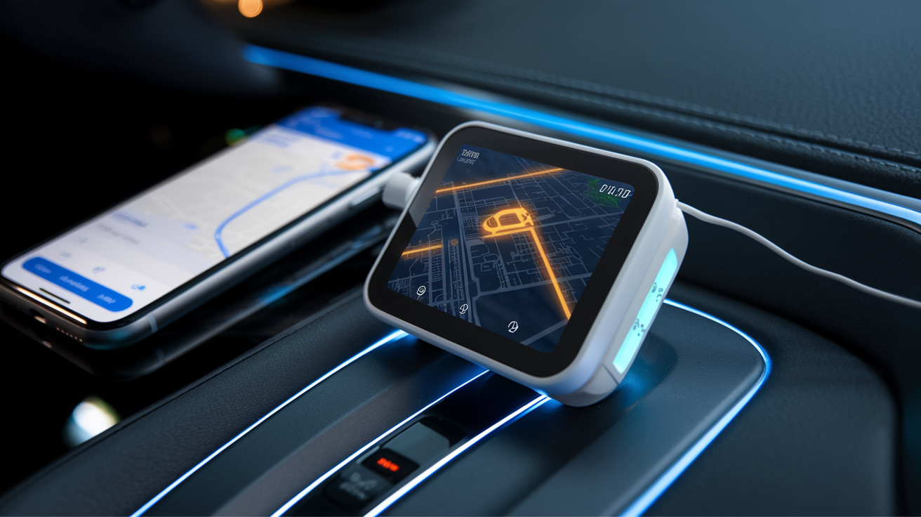 Create a realistic image of a modern GPS car tracker device with a glowing screen displaying a vehicle's location on a digital map, positioned on a car dashboard next to a smartphone showing a tracking app interface, with subtle blue light accents highlighting the technology, and "Smart Vehicle Tracking" as small text overlay in the corner.