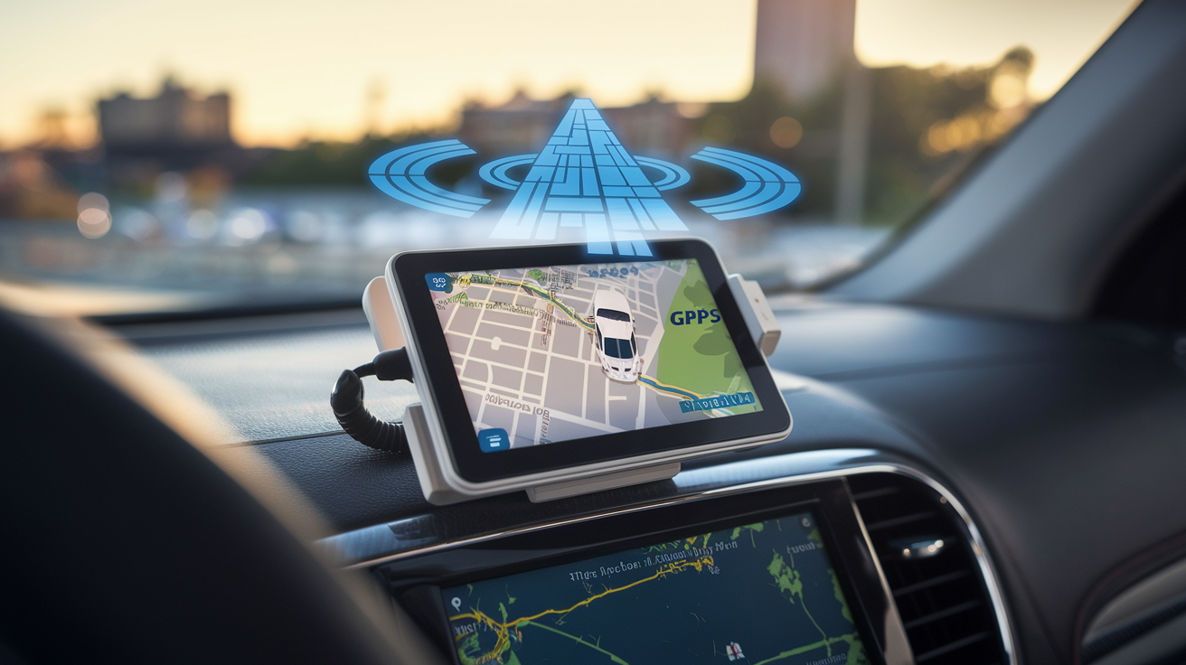 Create a realistic image of a GPS car tracking device mounted on a car dashboard, showing its digital screen displaying a map with a vehicle's route, accompanied by satellite signals visualized above the car, all set against a cityscape background during daytime with soft natural lighting highlighting the technological aspects of the tracking system.