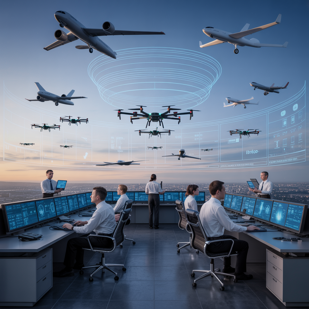 Create a realistic image of a futuristic air traffic control center with integrated drone management systems, showing holographic displays tracking both commercial aircraft and organized drone swarms in shared airspace, with aviation professionals of diverse races and genders collaborating at high-tech workstations, set against a backdrop of a cityscape with planes and drones flying in designated corridors, illuminated by ambient blue lighting suggesting advanced technology and harmonious integration.