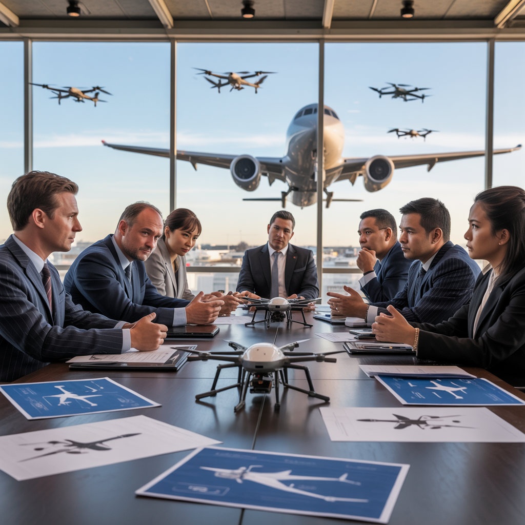 Create a realistic image of a diverse aviation industry roundtable discussion with airline executives, drone manufacturers, and aviation regulators seated at a long conference table with aviation safety documents and drone diagrams spread across the surface, featuring both male and female professionals from various racial backgrounds engaged in serious conversation, with a large window in the background showing commercial aircraft and small drone formations in the sky, creating a professional corporate atmosphere with warm lighting highlighting the tension and collaboration in addressing drone swarm challenges.