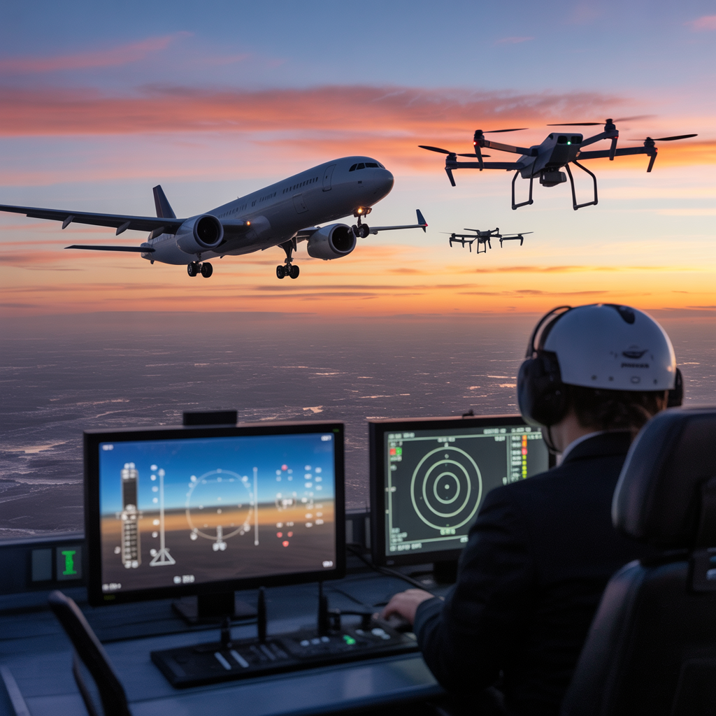 Create a realistic image of a commercial aircraft flying through sunset skies with a visible drone swarm in the distance, where air traffic controllers in a control tower are monitoring screens showing both aircraft and drone positions, highlighting the coexistence and potential regulation challenges of these technologies in shared airspace.