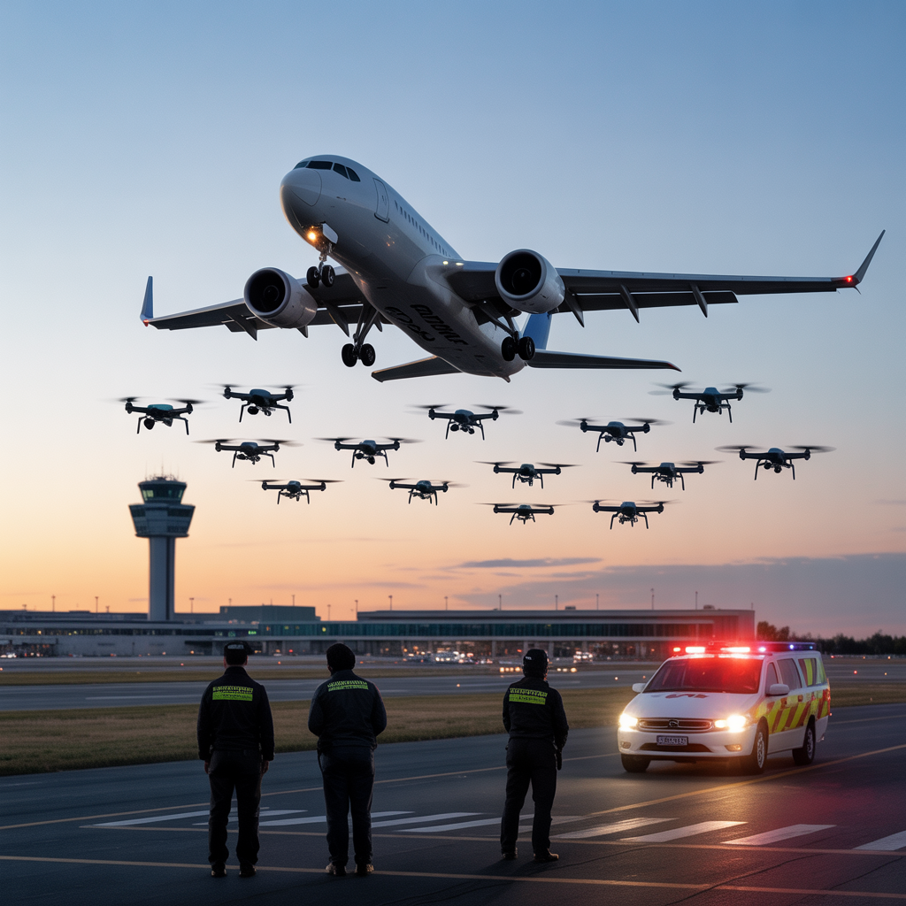 Create a realistic image of a drone swarm incident near an airport runway, showing multiple small consumer drones flying in formation close to a commercial airliner that's either taking off or landing, with airport security personnel on the ground monitoring the situation, control tower visible in background, dusk lighting creating dramatic shadows, emergency vehicles with flashing lights positioned nearby, suggesting a real case study of drone interference with aviation.