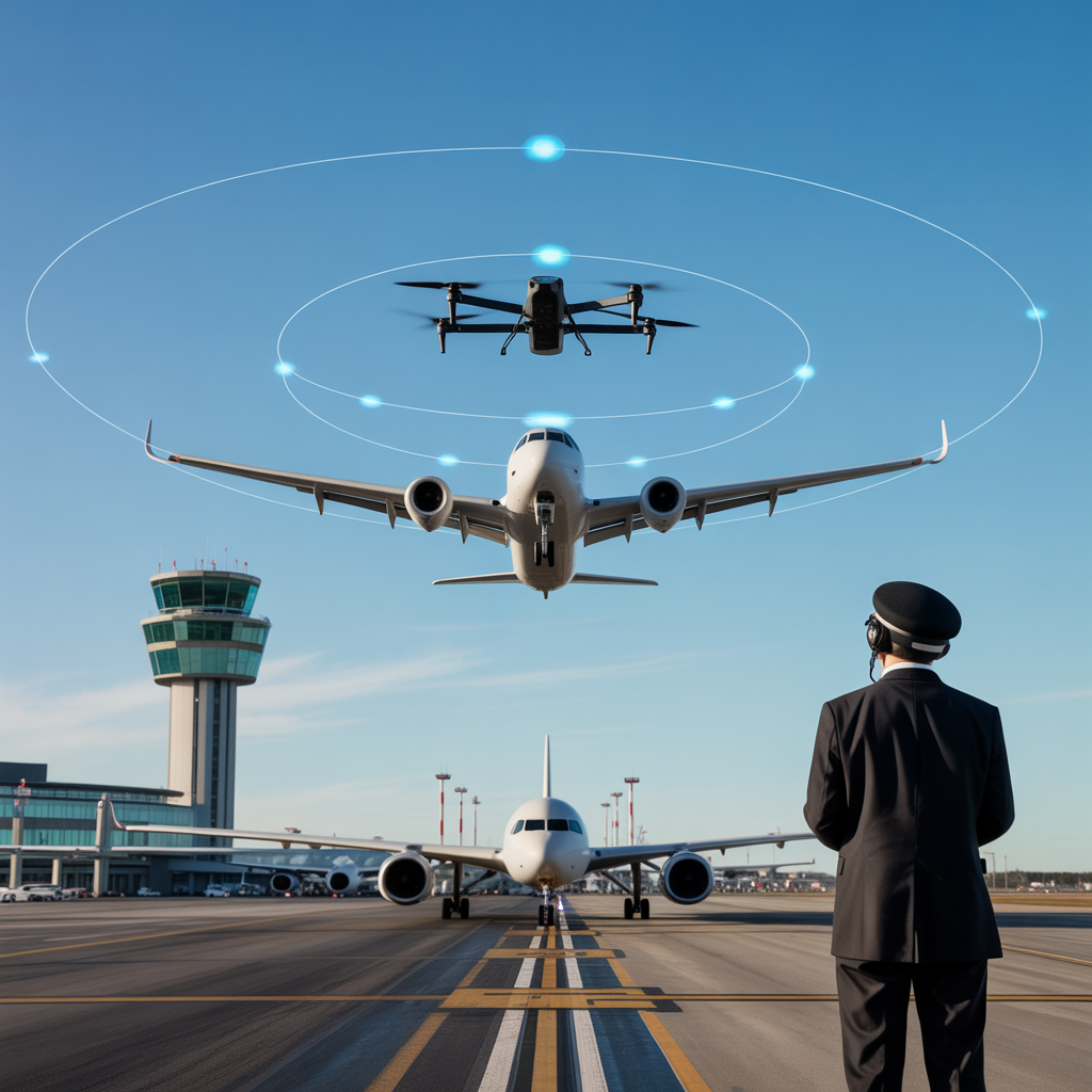 Create a realistic image of a sophisticated drone assisting an aircraft during takeoff at an airport, with air traffic controllers monitoring the process from a control tower, showing advanced technology integration with commercial aviation systems, featuring clear blue skies, modern airport infrastructure, and visual data streams connecting the drone to the aircraft, highlighting the collaborative potential between drone swarms and traditional aviation.