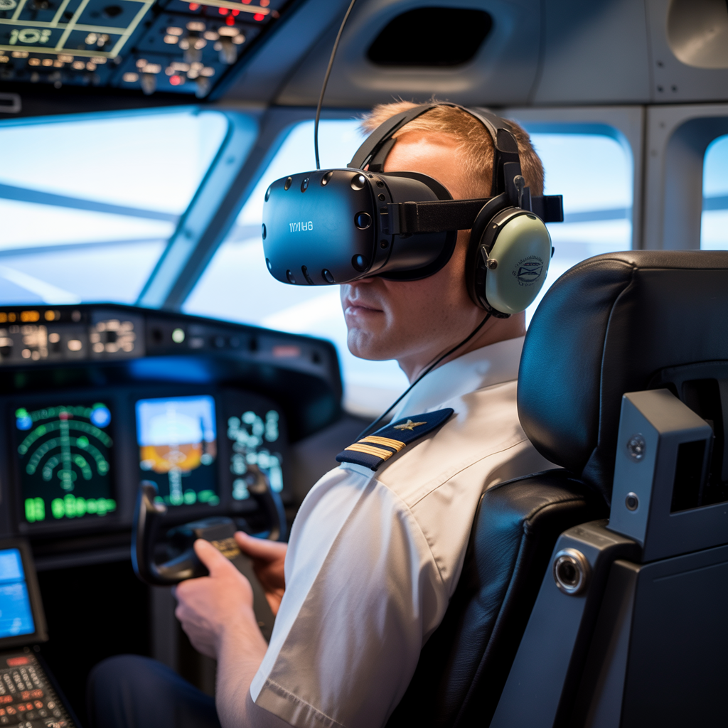 Create a realistic image of a professional-looking white male pilot in uniform wearing a VR headset while seated in a flight simulator cockpit with multiple screens displaying flight data, showing the intersection of traditional training and modern VR technology, with subtle lighting highlighting the sophisticated equipment and a focused expression on the pilot's face as he navigates a virtual training scenario.