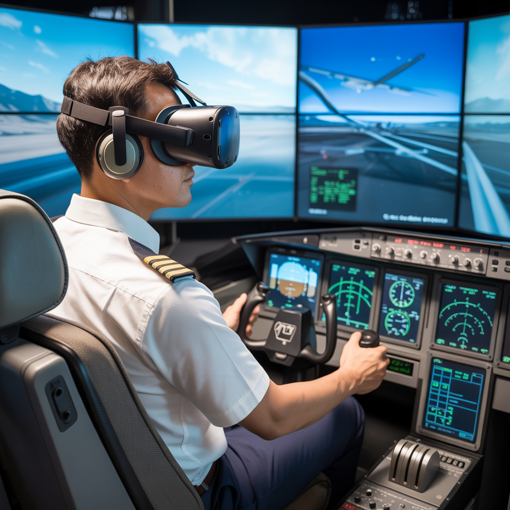Create a realistic image of a professional male Asian pilot wearing a VR headset while seated in a realistic flight simulator cockpit, with his hands on the controls and multiple screens displaying flight data, technical diagrams, and simulator metrics around him, showing how virtual reality integrates with traditional pilot training methods.