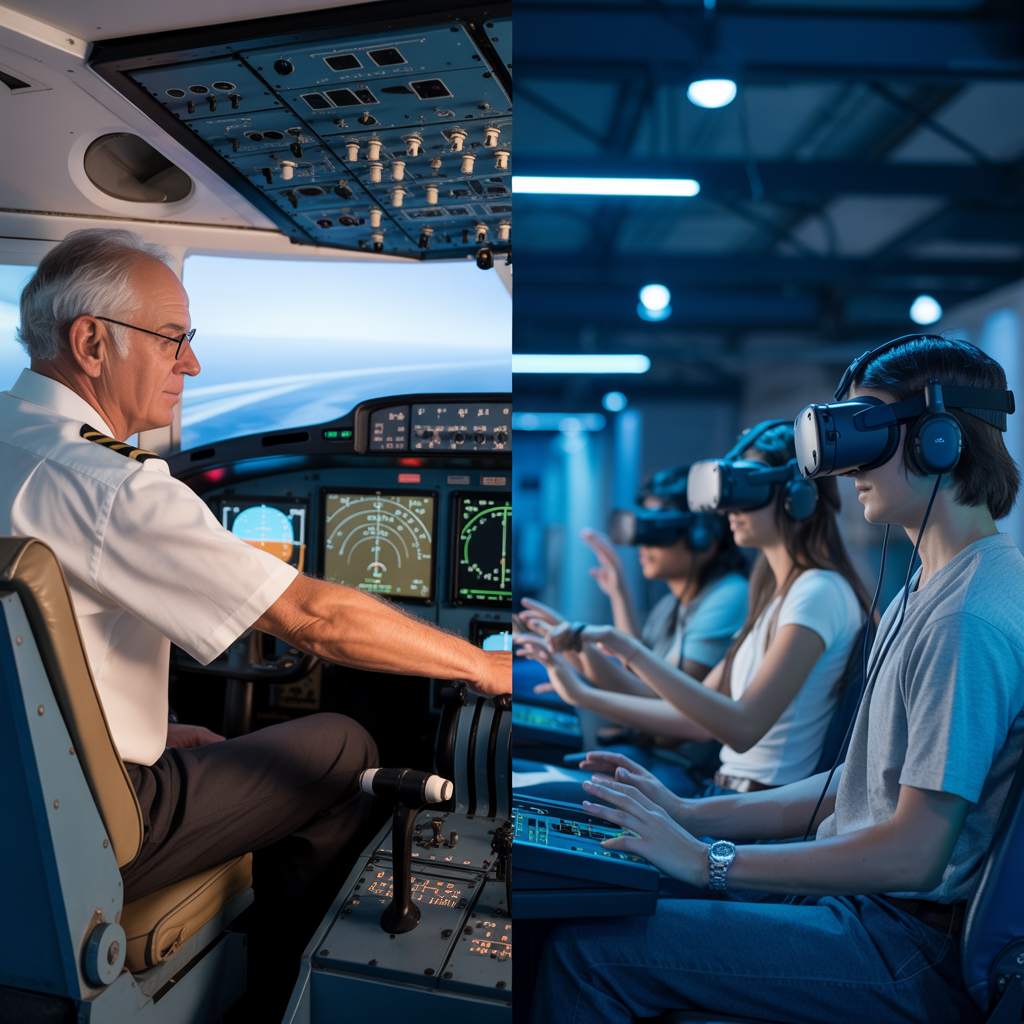 Create a realistic image of a split-screen view showing the evolution of flight training - on one side, a traditional cockpit simulator with analog instruments and an older white male instructor guiding a young pilot, and on the other side, a modern VR training setup with a diverse group of student pilots wearing VR headsets interacting with digital flight controls, with both scenes bathed in professional blue lighting suggesting technological advancement.