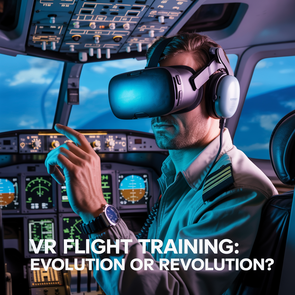 Create a realistic image of a focused male pilot wearing a modern VR headset in a cockpit environment, with one hand interacting with virtual flight controls while actual cockpit instruments are visible in the background, creating a blend of traditional and virtual reality training elements, with soft blue lighting highlighting the technology contrast, and the text "VR Flight Training: Evolution or Revolution?" subtly integrated.