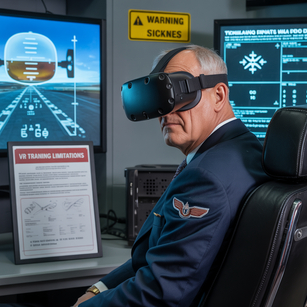 Create a realistic image of a concerned middle-aged white male pilot looking at a VR headset with a skeptical expression, sitting in a dimly lit training room with warning signs about simulator sickness visible, technical glitches appearing on nearby screens showing flight data, and a document labeled "VR Training Limitations" prominently displayed on the desk.