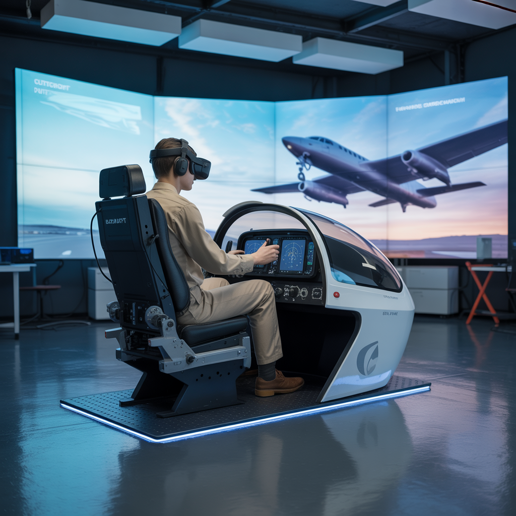 Create a realistic image of futuristic VR pilot training equipment with advanced holographic displays showing aircraft simulations, a mixed reality cockpit interface with haptic feedback controls, and a sleek research lab environment with blue-tinted lighting, suggesting cutting-edge aviation technology still under development.