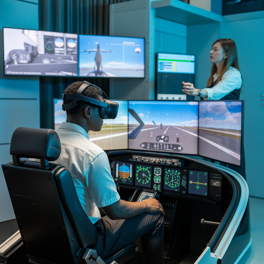 Create a realistic image of a modern flight simulator setup with a Black male pilot trainee wearing a VR headset, sitting in a cockpit mockup with multiple screens displaying flight data, while a white female instructor monitors his progress on a separate screen showing real-time analytics, in a professional training facility with other simulator pods visible in the background.