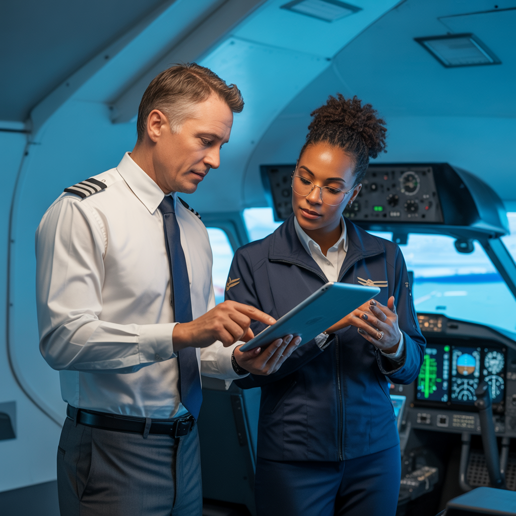 Create a realistic image of a professional pilot (white male) and a flight instructor (black female) reviewing VR training data on a tablet while standing in a modern flight simulator facility, with a real cockpit visible in the background, conveying a blend of traditional and advanced training methods in a serious, professional atmosphere with soft, blue-tinted lighting.