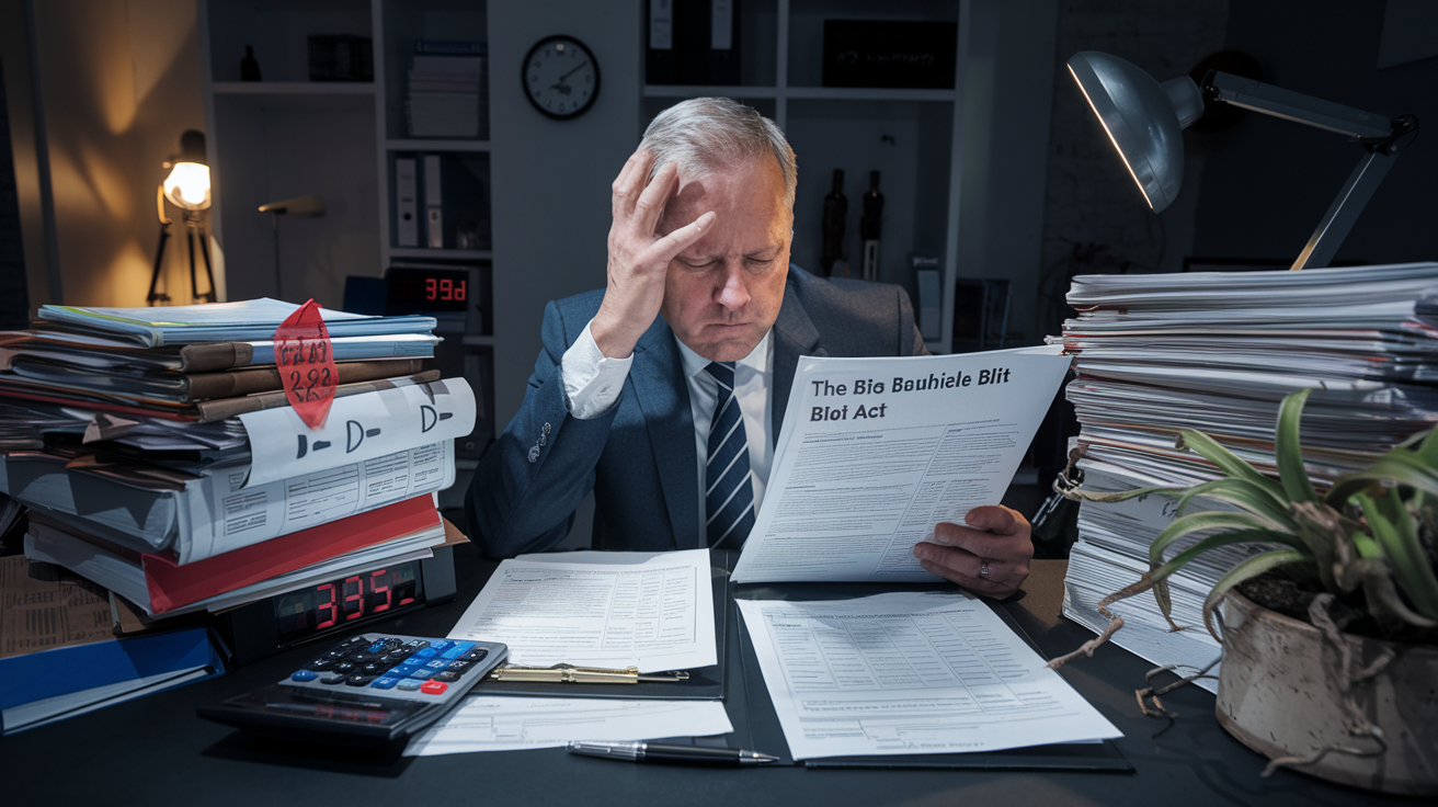 Create a realistic image of a frustrated middle-aged white male business owner sitting at a desk with a stack of complex legal documents and tax forms, with some pages marked with red flags and warning symbols, a calculator showing negative numbers, a wilting plant symbolizing hindered growth, dimly lit office setting with a clock showing late hours, and a worried expression as he reviews what appears to be the "One Big Beautiful Bill Act" document.