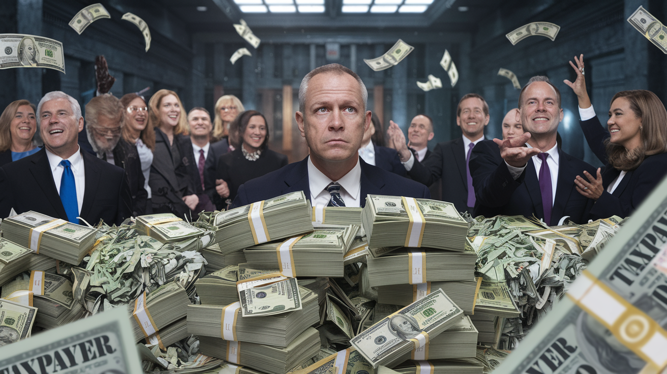 Create a realistic image of a worried middle-aged white male taxpayer looking at a giant stack of money being shredded, with politicians in suits (mix of white and black, male and female) in the background smiling and tossing paper money into the air, set in a dimly lit government building with "TAXPAYER DOLLARS" stamped on documents visible in the foreground, conveying a sense of wasteful government spending and political theater.