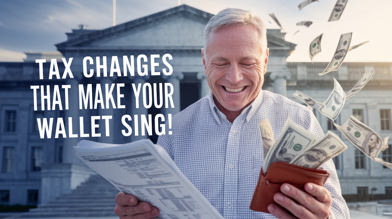 Create a realistic image of a middle-aged white male taxpayer smiling broadly while looking at tax documents and a calculator, with money flying out of his wallet in celebration, against a background of Treasury building, with soft lighting creating an optimistic mood, and text overlay reading "Tax Changes That Make Your Wallet Sing!"
