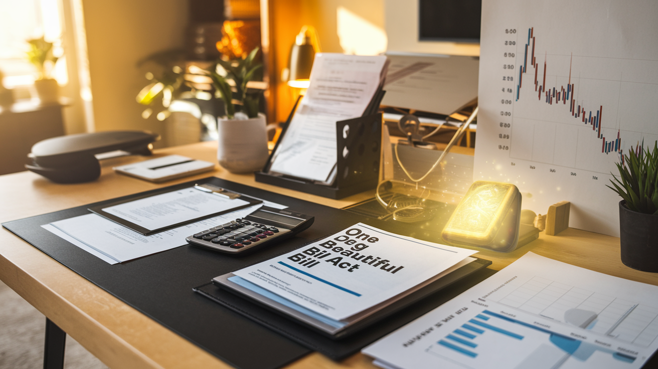 Create a realistic image of a well-organized desk with tax documents, a calculator, and a copy of the "One Big Beautiful Bill Act" document prominently displayed, with a bright wallet emitting a golden glow nearby, suggesting financial relief, set in a modern home office with warm lighting and a chart showing tax rates trending downward.