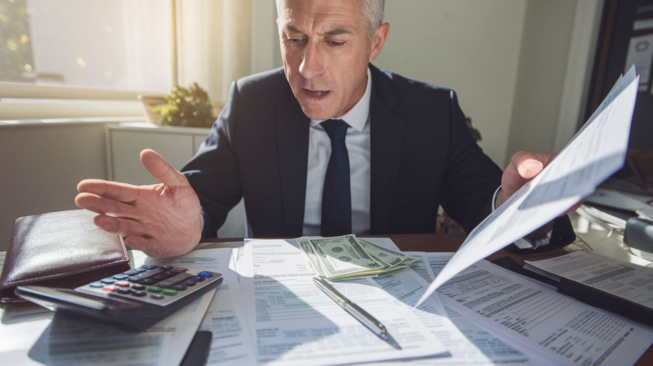 Create a realistic image of a middle-aged white male professional in a business suit reviewing tax documents with a surprised expression, surrounded by tax forms, calculator, and a wallet with money visible, in a home office setting with soft natural lighting coming through a window, suggesting changes to individual tax provisions.