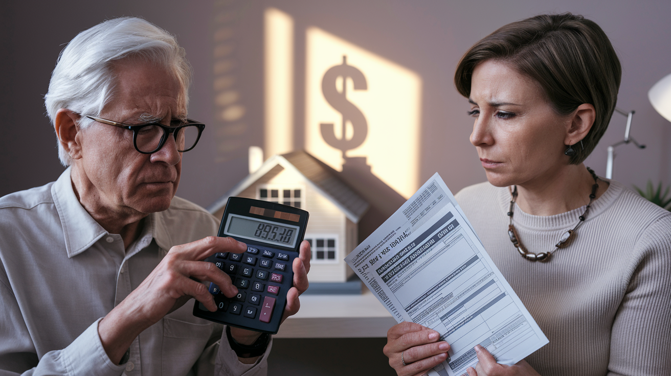 Create a realistic image of an elderly white male and middle-aged white female looking at estate planning documents with concerned expressions, a calculator showing large numbers, tax forms with "Estate Tax Reform" visible, and a small model house with a dollar sign shadow, set in a well-lit home office with muted colors suggesting a serious financial discussion.