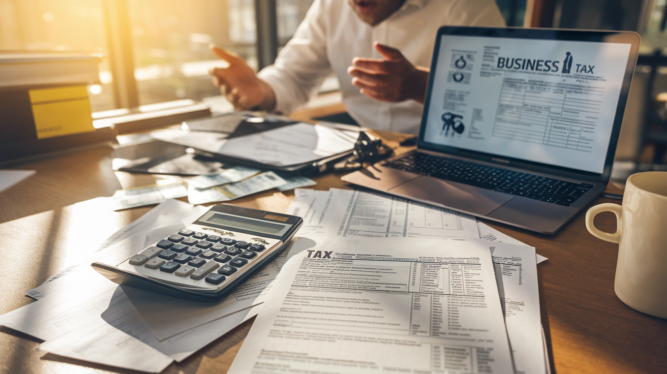 Create a realistic image of a professional desktop workspace with tax documents, calculator, laptop displaying business tax forms, a small business owner (white male) reviewing papers with a surprised expression, scattered receipts, and a coffee mug, all under warm office lighting with subtle money or tax-related icons in the background.