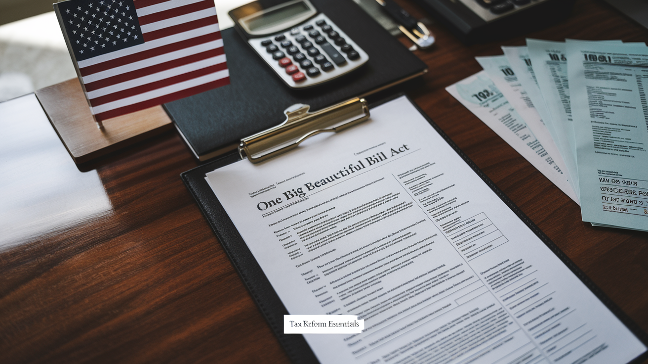 Create a realistic image of a close-up view of a legal document titled "One Big Beautiful Bill Act" with a calculator, a small American flag, and tax forms arranged neatly on a polished wooden desk, with subtle lighting highlighting key sections of the document related to tax provisions, and a small text overlay reading "Tax Reform Essentials."