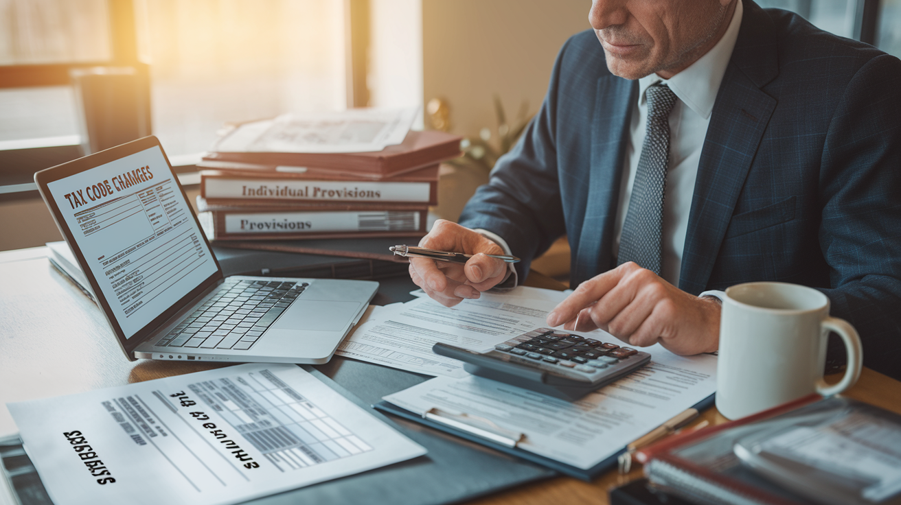 Create a realistic image of a middle-aged white male in a business suit studying tax documents at a desk with a calculator, a laptop showing tax forms, and a coffee mug, with a soft focus on stacks of paper labeled "Tax Code Changes" and "Individual Provisions" in the background, all illuminated by warm office lighting that creates a serious but hopeful atmosphere.