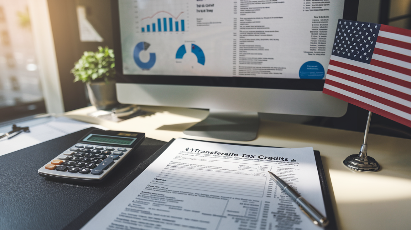 Create a realistic image of a professional tax document with transferable tax credits highlighted, sitting on a modern desk with a calculator, pen, and a small American flag, illuminated by soft office lighting, with a computer screen in the background showing financial graphs and tax code sections.
