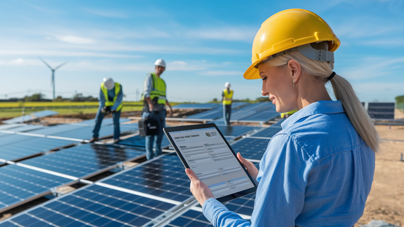 Create a realistic image of a professional female architect or engineer (white) reviewing construction timeline documents at a solar panel installation site, with workers setting up panels in the background, a wind farm visible on the horizon, and government eligibility forms visible on her digital tablet, under clear blue skies suggesting clean energy development.
