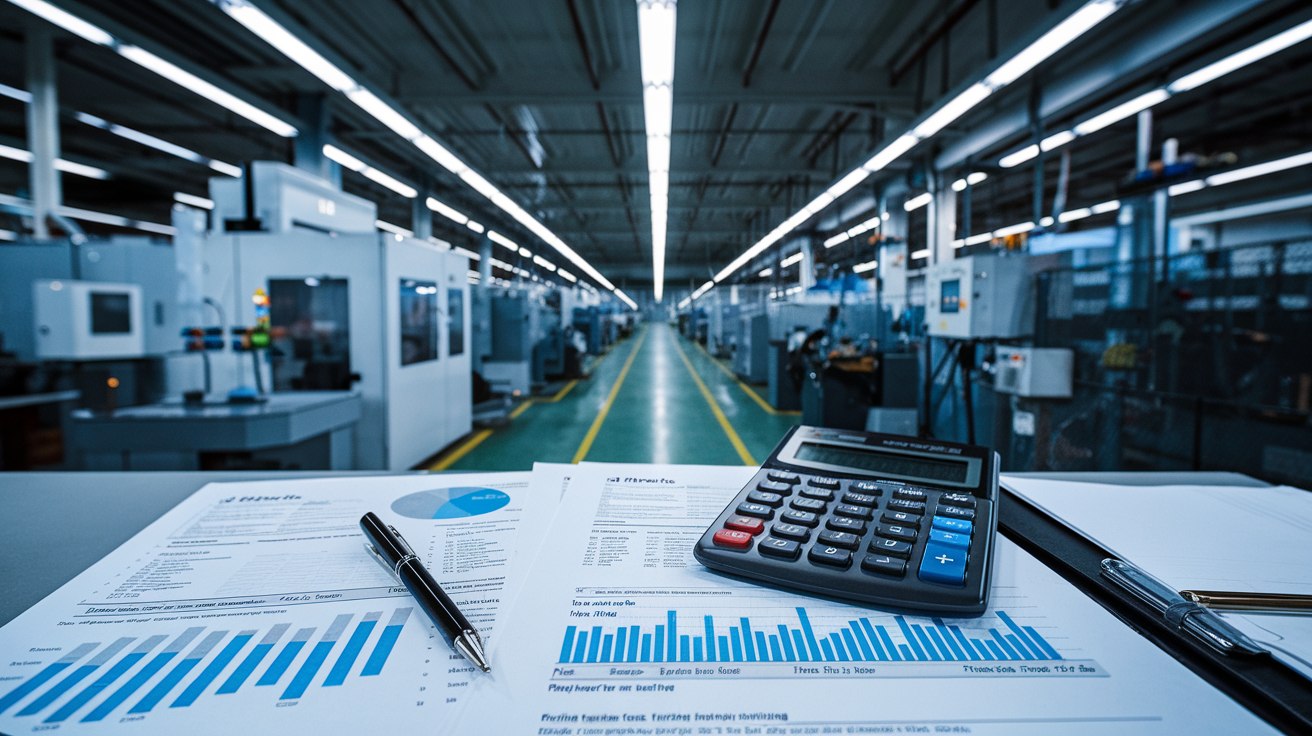 Create a realistic image of a modern manufacturing facility with machinery and production lines, featuring close-up details of tax documents showing depreciation calculations alongside manufacturing tax credit forms, with a calculator, pen, and financial charts on a desk, all illuminated by bright industrial lighting to represent financial aspects of manufacturing policies.