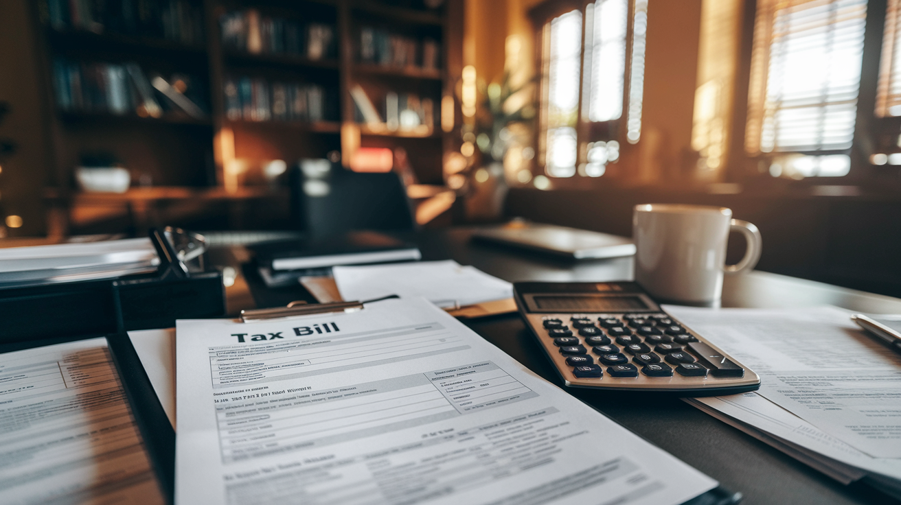 Create a realistic image of a professional-looking document labeled "Tax Bill" with sections highlighted, placed on a desk next to a calculator, financial papers, and a coffee mug, with warm office lighting creating a studious atmosphere, suggesting an overview or analysis of new tax legislation.