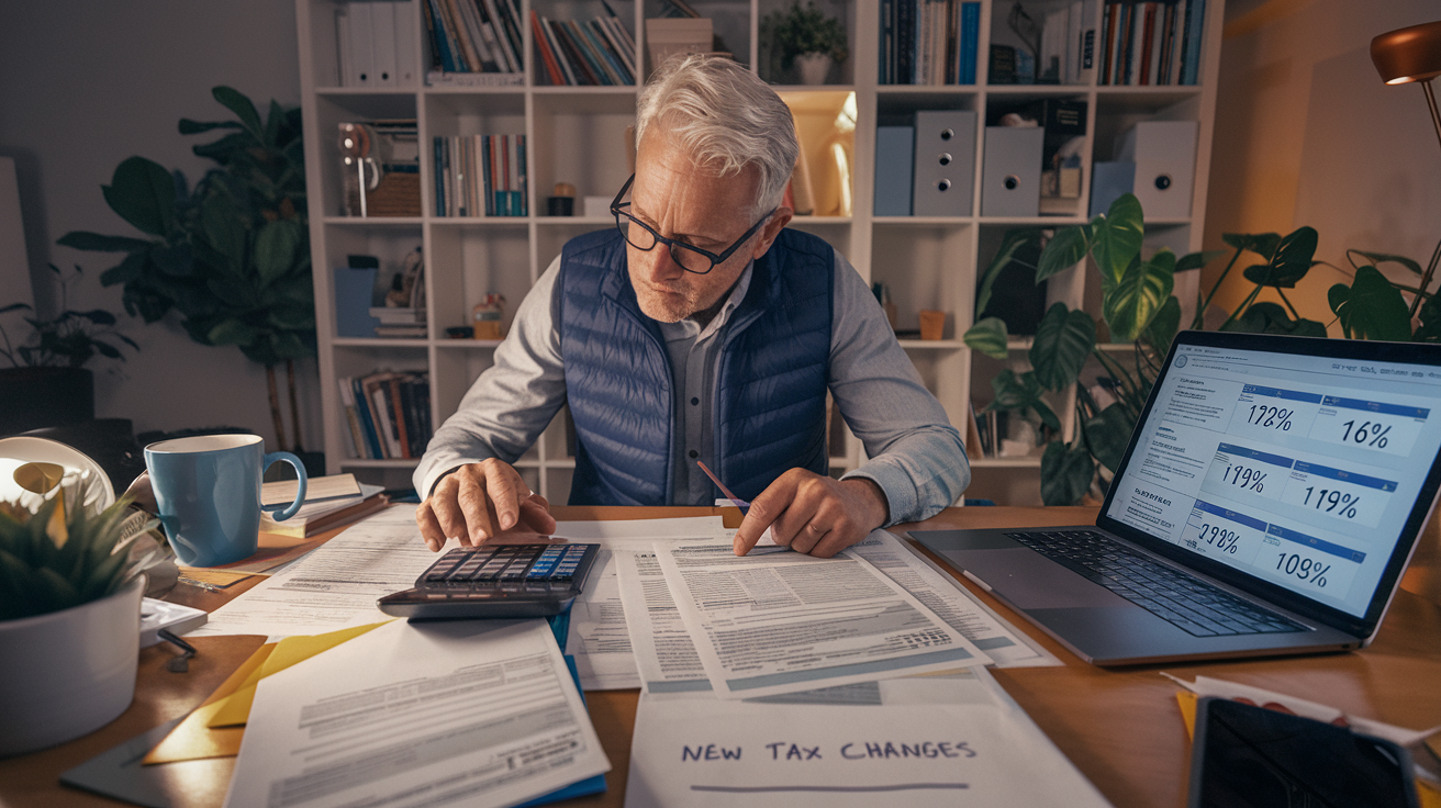 Create a realistic image of a middle-aged white male studying tax documents at a home office desk, with a calculator, tax forms, and a laptop showing a tax software interface displaying different tax brackets and percentages, a coffee mug nearby, warm lighting creating a focused atmosphere, and a small notepad with "New Tax Changes" written at the top.