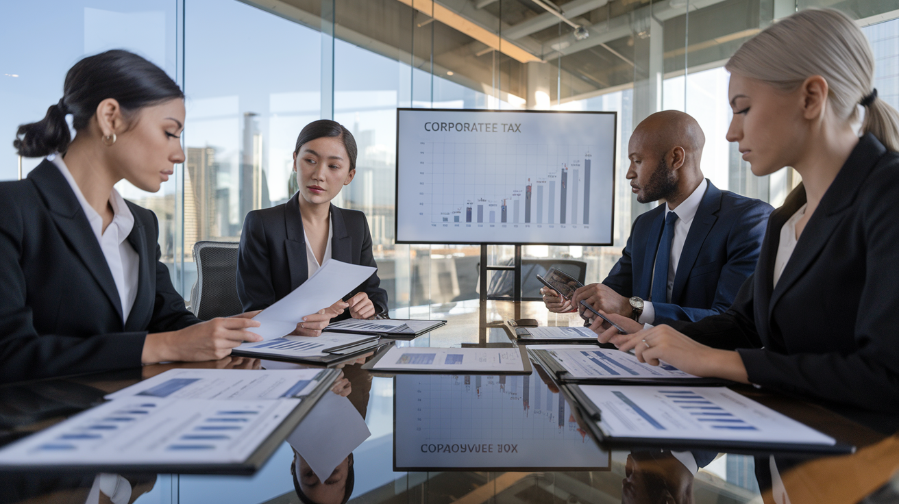 Create a realistic image of a diverse corporate boardroom meeting with Asian female, Black male, and White female executives reviewing tax documents and spreadsheets, with a financial chart showing corporate tax rates prominently displayed on a screen, business attire, serious expressions, modern office setting with glass windows showing city skyline, soft natural lighting, papers with tax calculations and corporate budget adjustments visible on the polished conference table.