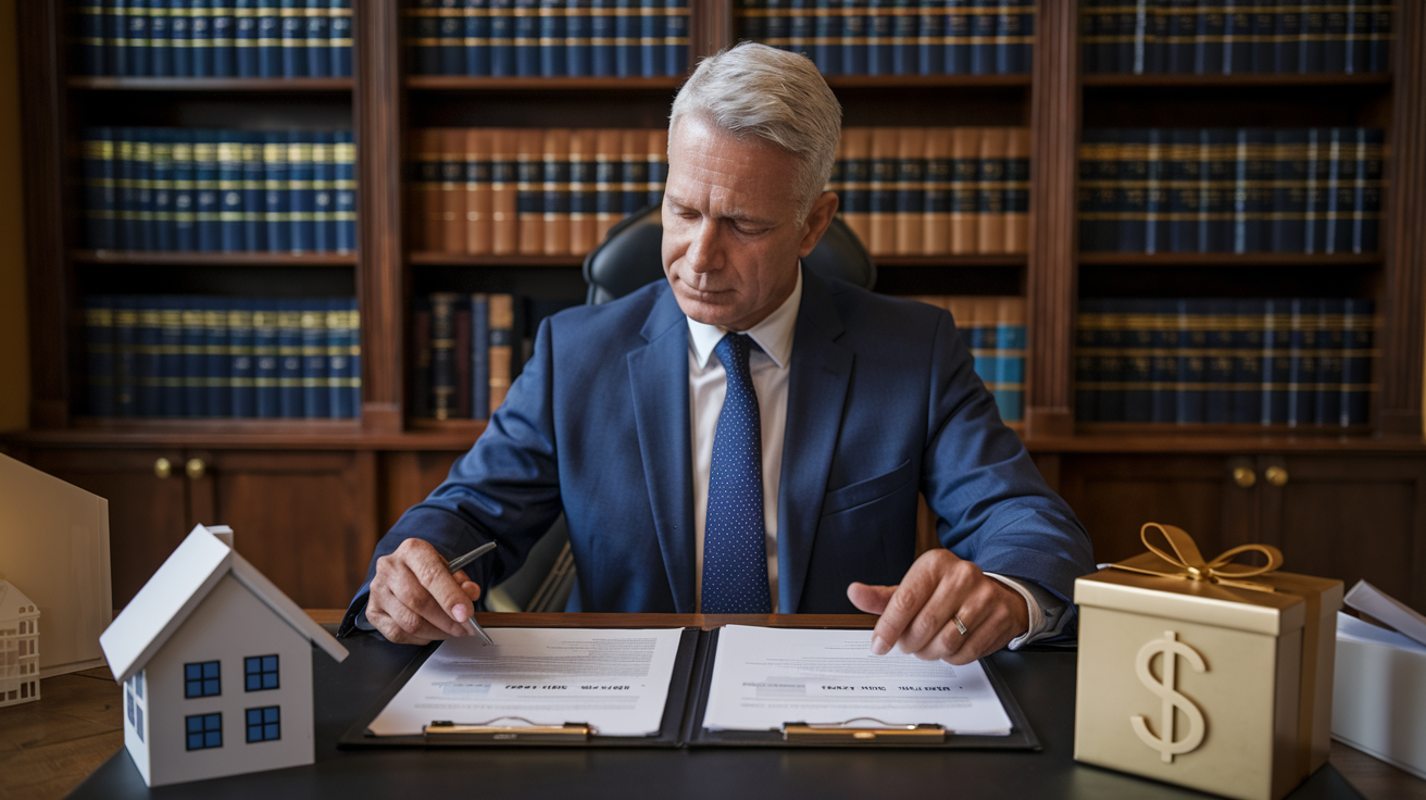 Create a realistic image of a professional middle-aged white male financial advisor sitting at a desk with estate planning documents, reviewing papers with tax code references, next to a small model of a house and a gift box with a dollar sign, symbolizing estate and gift tax concepts, with bookshelves of legal references in the background, warm office lighting creating a serious yet approachable atmosphere.