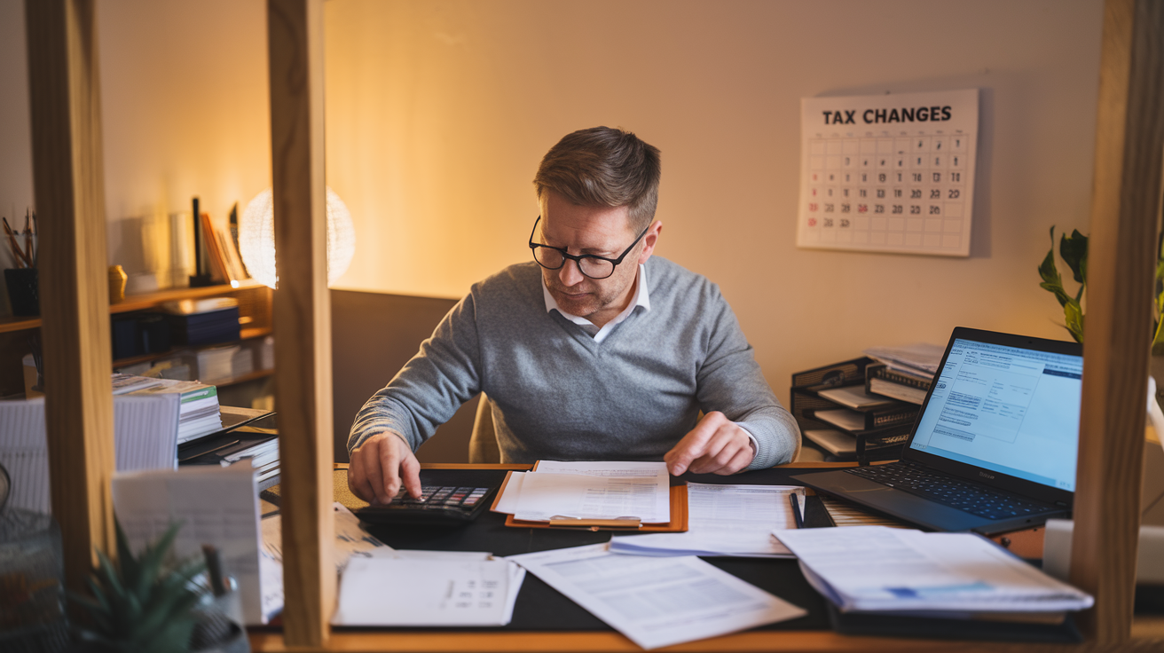 Create a realistic image of a middle-aged white male sitting at a desk with tax forms, calculator, and a laptop displaying tax software, organizing documents with focused concentration, a calendar marked with "Tax Changes" visible on the wall, warm indoor lighting creating a productive atmosphere, symbolizing preparation for new financial regulations.