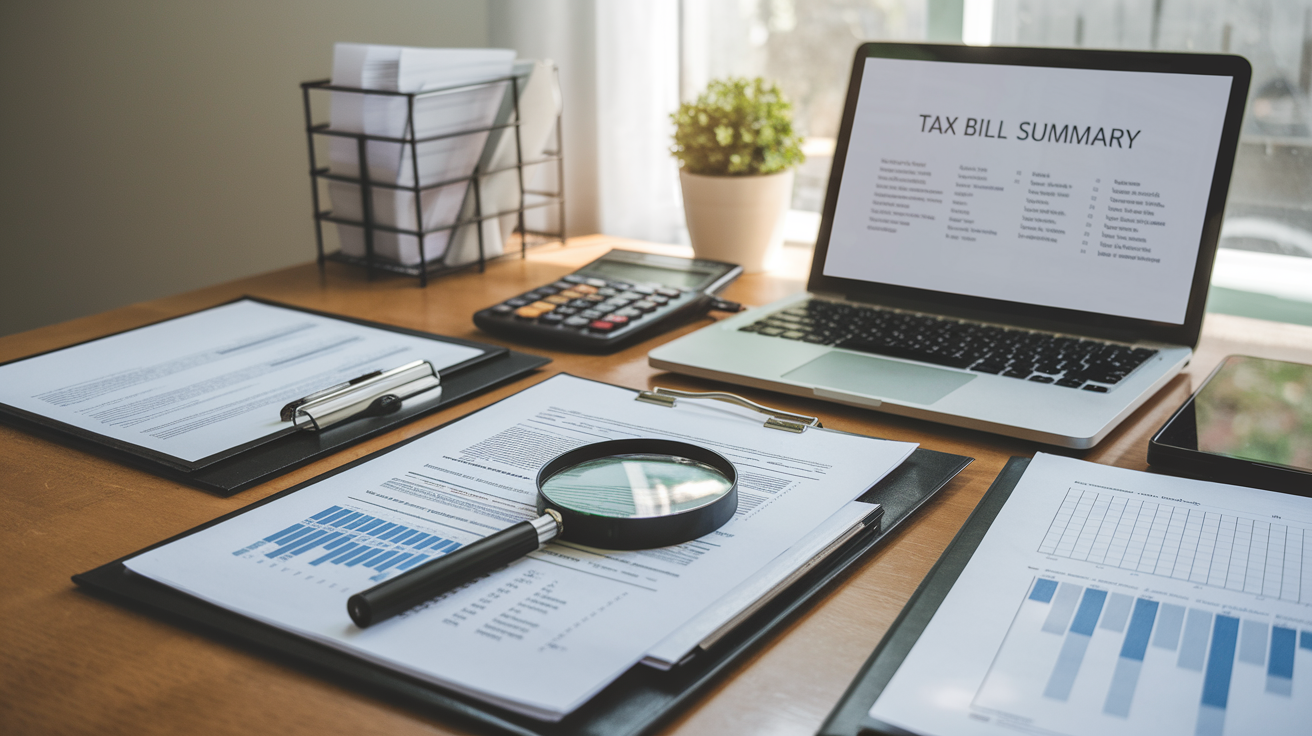 Create a realistic image of a professional-looking document with a magnifying glass hovering over tax-related figures and graphs, next to an open laptop displaying "Tax Bill Summary" on its screen, with a calculator and organized tax documents nearby, all on a clean wooden desk with soft, natural lighting coming from a nearby window, conveying a sense of clarity and understanding.