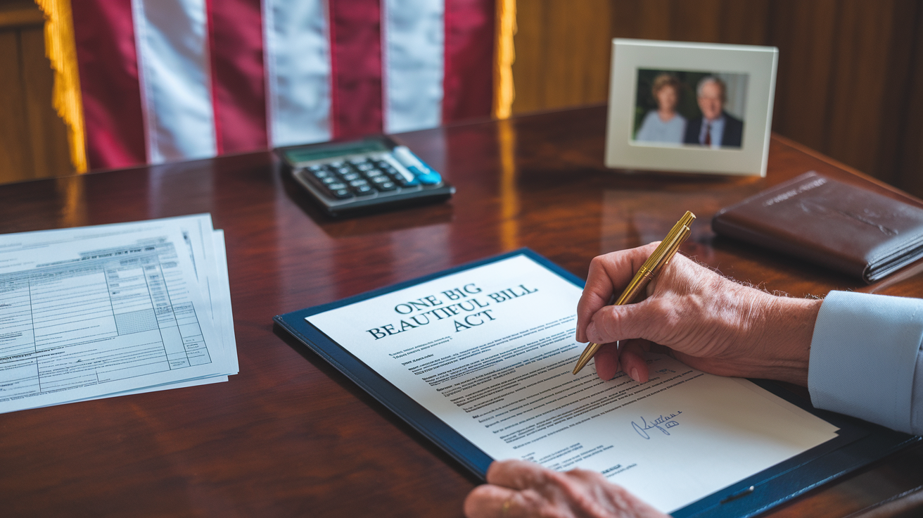 Create a realistic image of a polished wooden desk with an official document labeled "One Big Beautiful Bill Act" being signed with a gold pen, American flag in the background, tax forms and calculator visible to one side, a family photo and senior's wallet on the other side, with soft professional lighting creating a historic, important atmosphere.