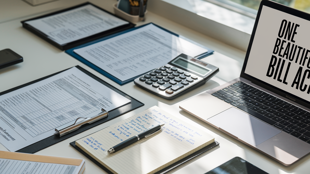 Create a realistic image of a neatly organized desk with tax forms, a calculator, and a laptop displaying "One Big Beautiful Bill Act" on screen, alongside a pen and notepad with handwritten tax calculations, with soft natural lighting coming through a nearby window, creating a professional and informative atmosphere about tax changes.