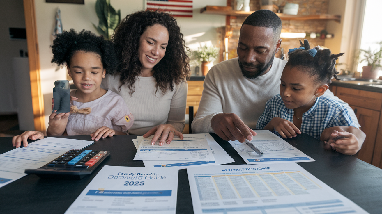 Create a realistic image of a diverse family (white mother, black father, two children) sitting at a kitchen table reviewing tax documents and benefit forms with smiles, featuring a calculator, a "Family Benefits Guide 2025" document, and a sheet showing new tax deductions, with warm lighting casting a hopeful atmosphere and an American flag visible in the background.