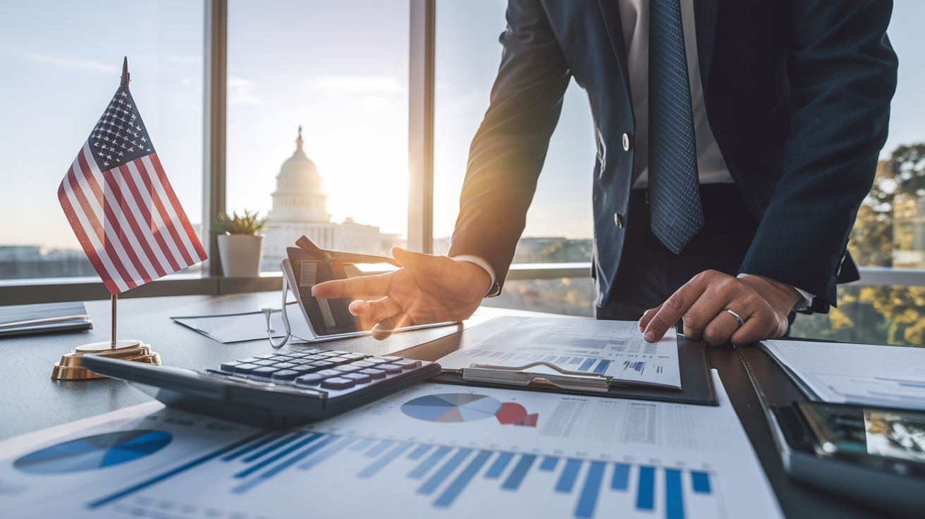 Create a realistic image of a professional white male businessman in a suit reviewing tax documents at a modern office desk with permanent business tax provisions highlighted, calculator and financial charts nearby, U.S. Capitol building visible through a window in background, warm lighting creating an optimistic atmosphere, small American flag on desk.