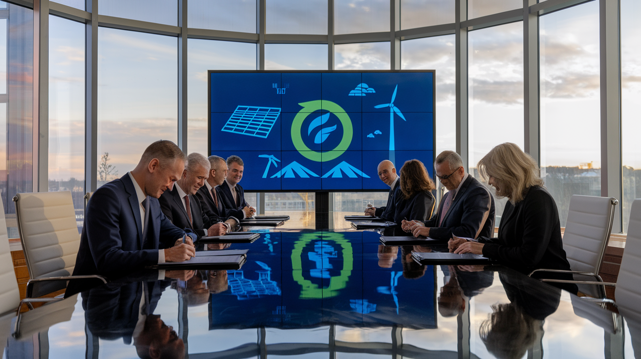 Create a realistic image of a modern conference room with government officials signing documents, featuring renewable energy symbols (solar panels, wind turbines) displayed on a digital screen in the background, alongside international flags and tax code documents spread across a polished table, with soft natural lighting coming through large windows creating a formal yet optimistic atmosphere.