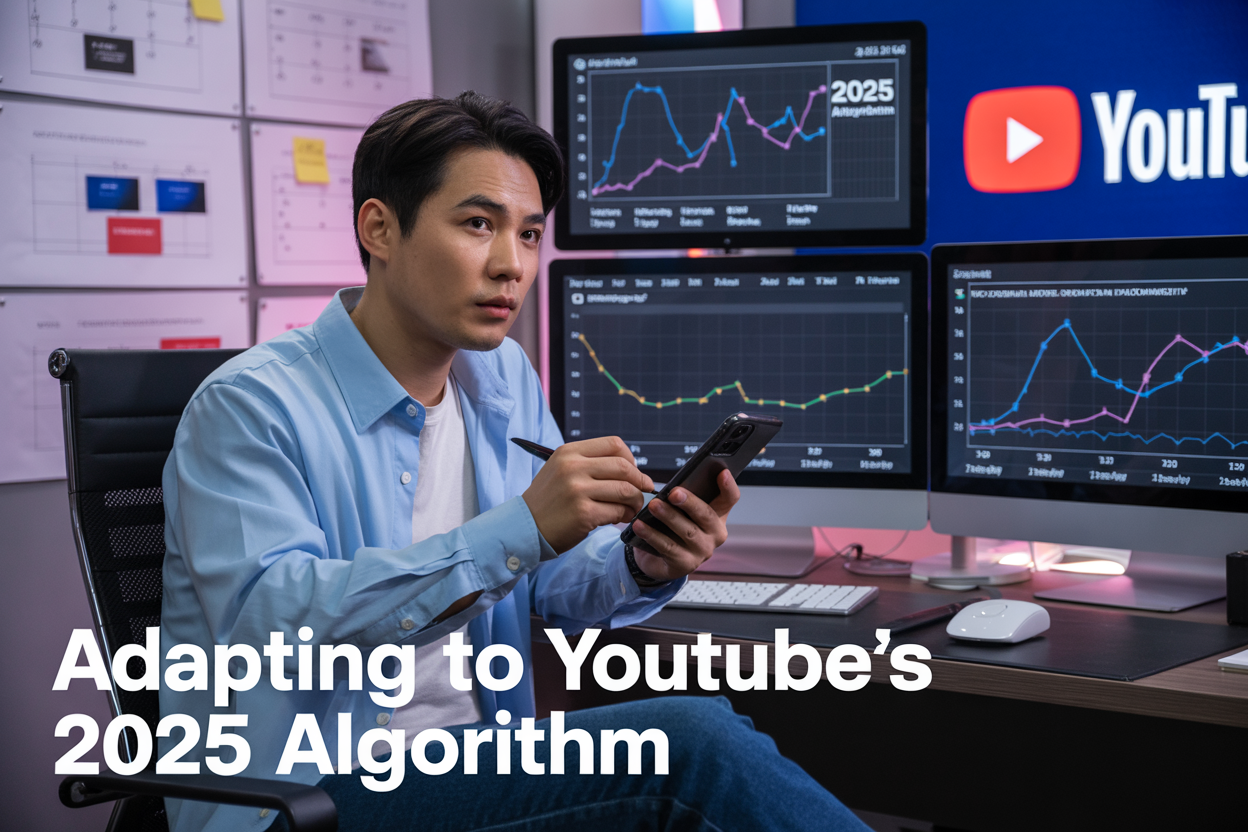 Create a realistic image of a focused Asian male content creator in his 30s sitting at a modern desk with multiple screens displaying YouTube analytics dashboards and revenue graphs trending upward. One screen shows algorithm metrics with "2025" visible. The creator is holding a smartphone in one hand while taking notes with the other. The background features a wall with content calendar and strategy notes. Text overlay reads "Adapting to YouTube's 2025 Algorithm."