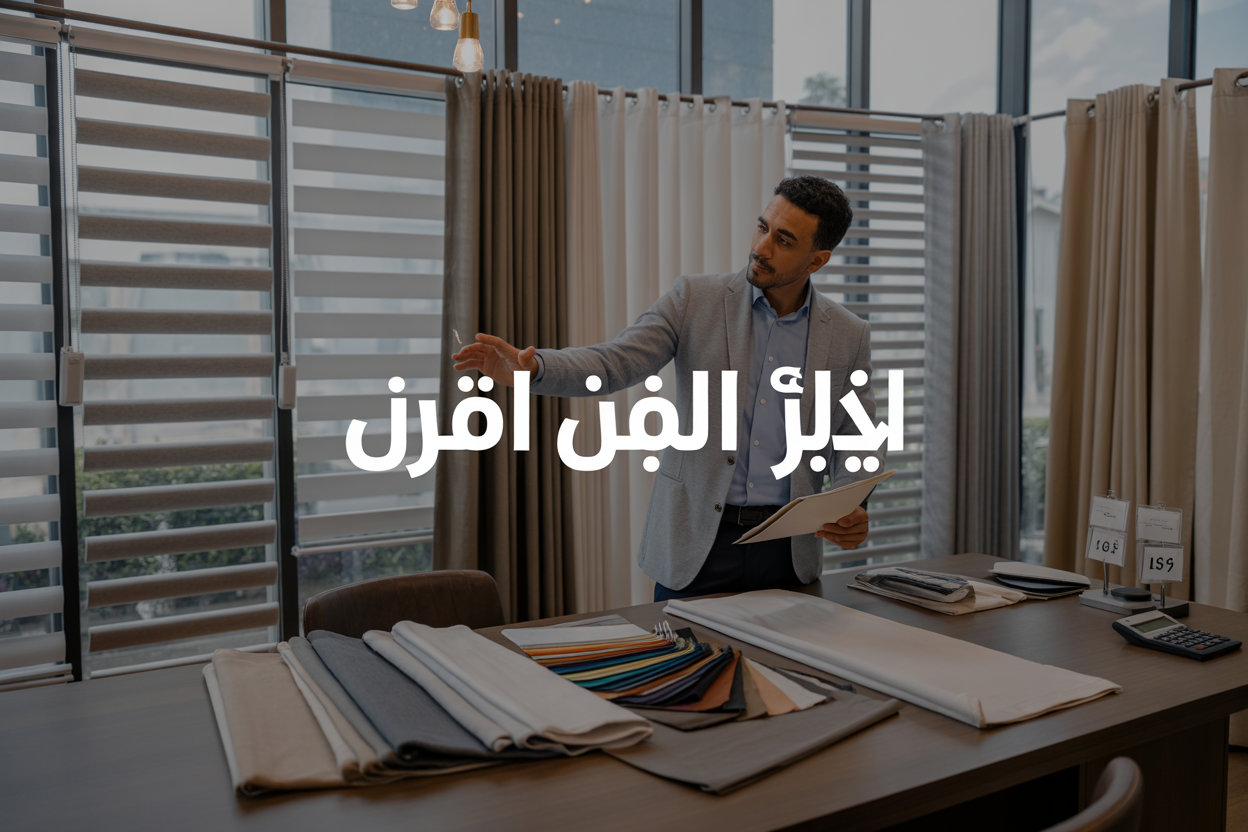 Create a realistic image of various types of roller blinds and curtains displayed in a professional interior design showroom, featuring white and beige roller blinds hanging on modern windows, fabric samples and color swatches spread on a wooden table, a Middle Eastern male consultant in business attire showing fabric options to customers, price tags and calculator visible on the desk, warm natural lighting from large windows, with Arabic text overlay reading "أسعار الستائر الرول" in elegant typography, creating a professional and informative atmosphere for a curtain pricing guide.