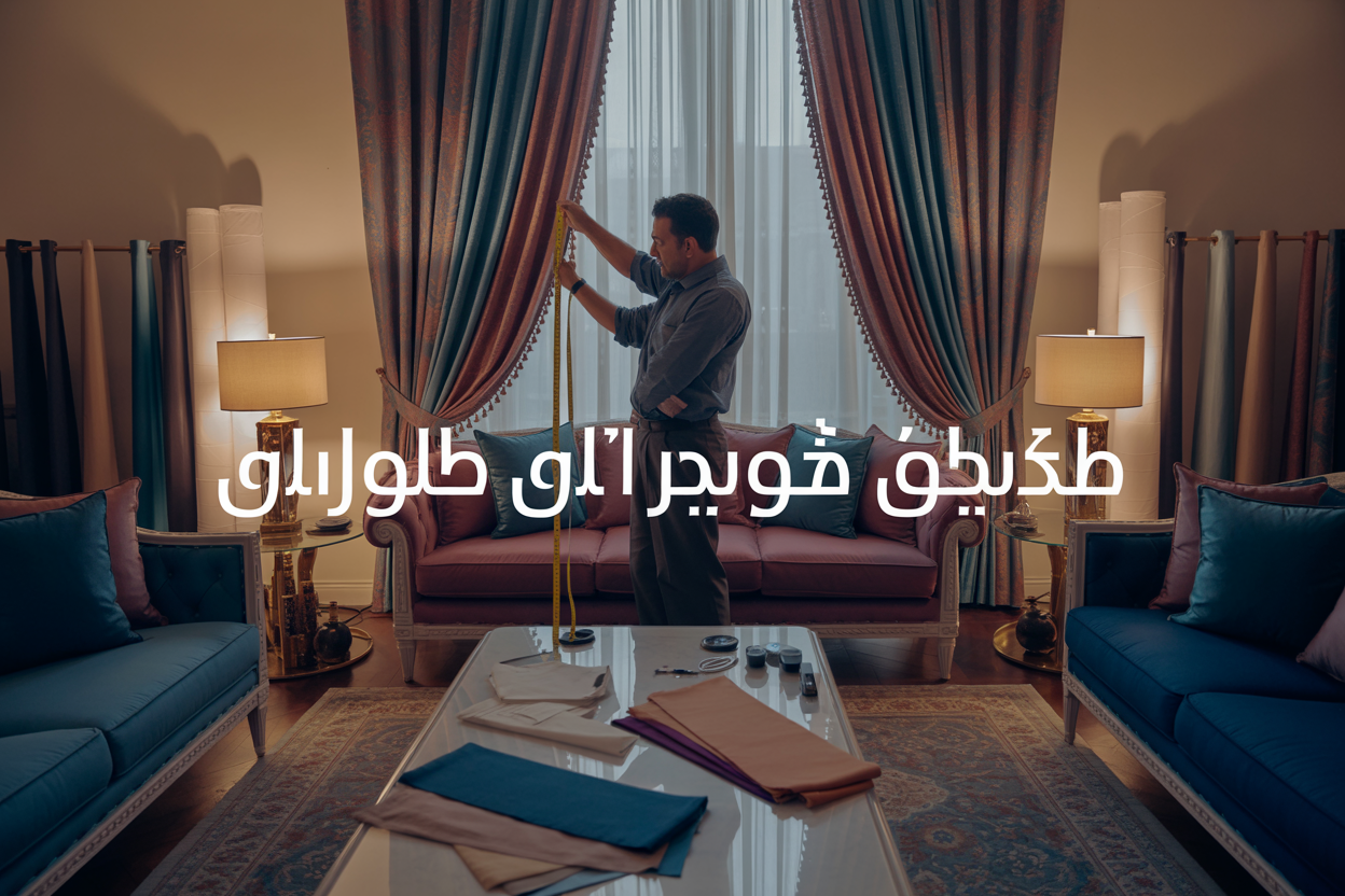 Create a realistic image of an elegant living room showcasing custom-made furniture and curtains, featuring a luxurious sofa with rich fabric upholstery in deep blue or burgundy, floor-to-ceiling custom curtains with intricate patterns, fabric samples and measuring tools scattered on a coffee table, warm ambient lighting from table lamps, a Middle Eastern male tailor in his 40s taking measurements with a measuring tape, rolls of premium fabrics in the background, and Arabic text overlay reading "تفصيل كنب وستائر حسب الطلب" in elegant typography.